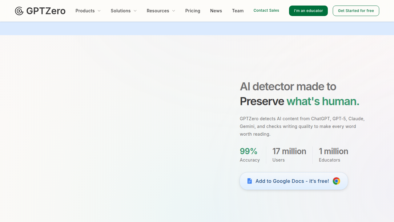 Screenshot of the GPTZero website, a popular tool used for detecting AI-generated content in academic and professional settings.