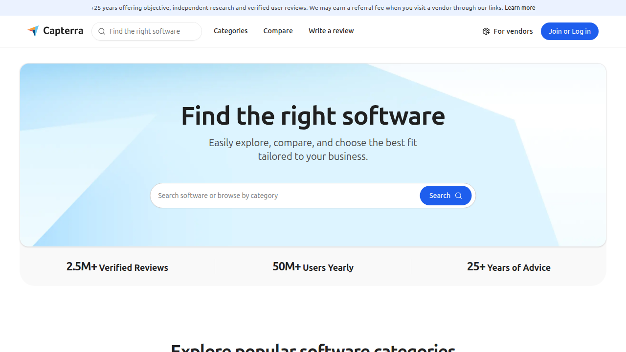A view of the Capterra homepage, a key resource for comparing generative AI software reviews.