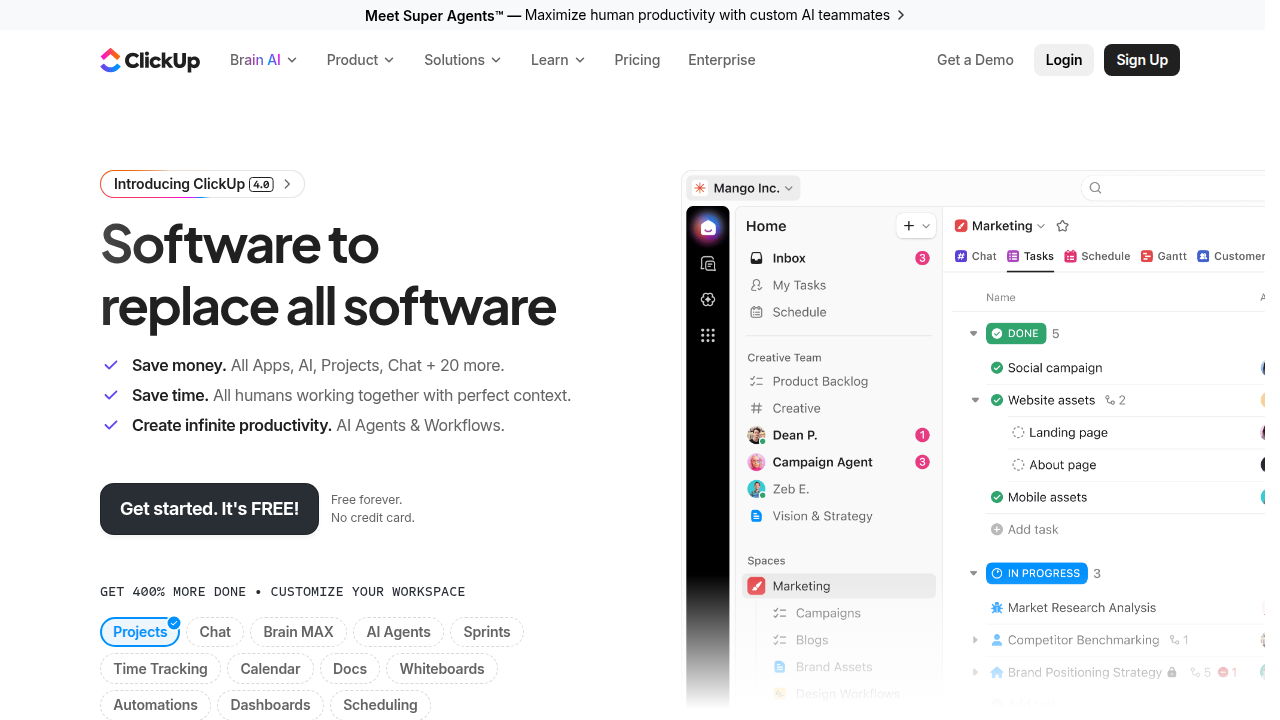 Screenshot of the ClickUp homepage, a platform known for its integrated AI summarization features.