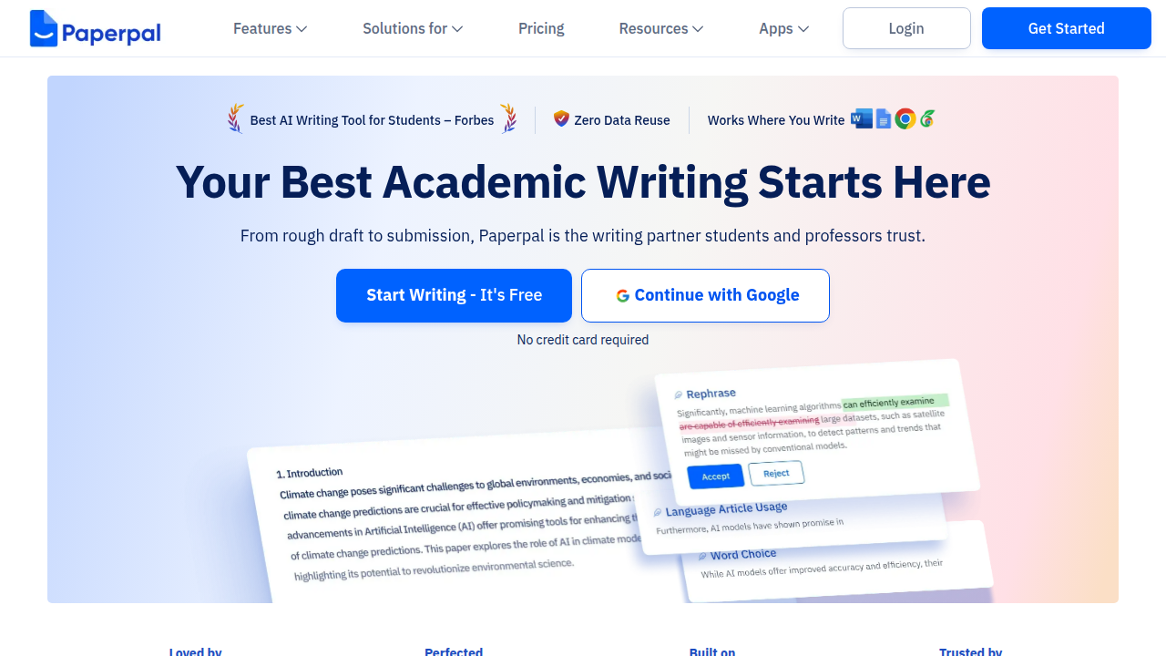 Screenshot of the Paperpal homepage, highlighting its academic writing and summarization capabilities.