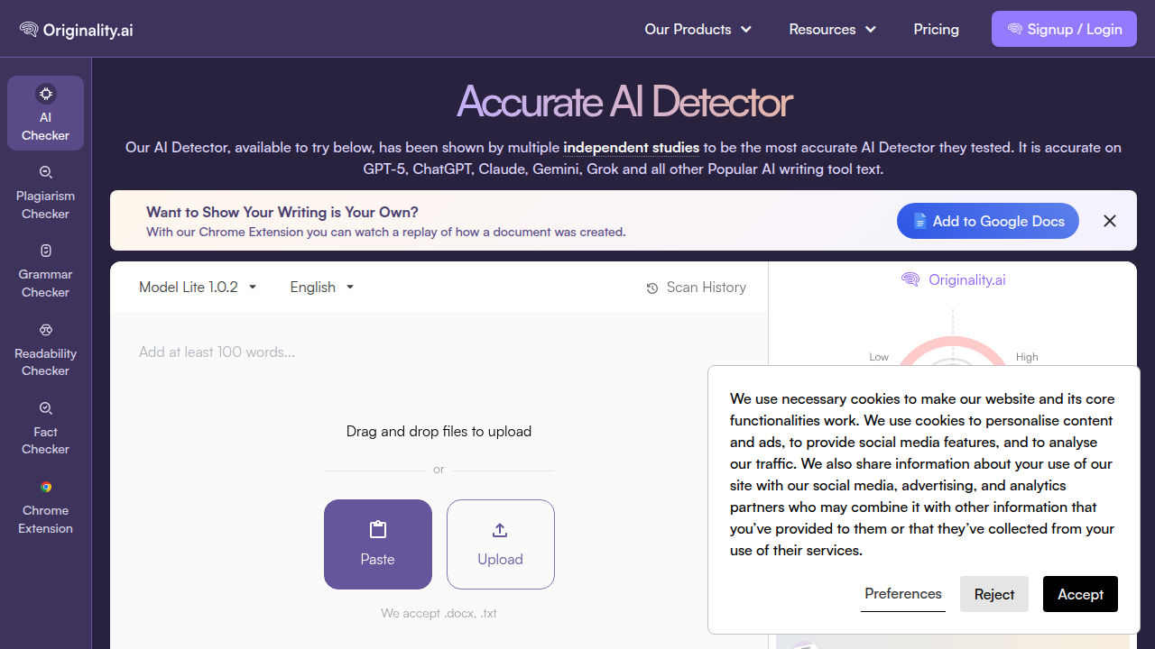 Interface of Originality AI, a platform for verifying content provenance and trustworthiness.
