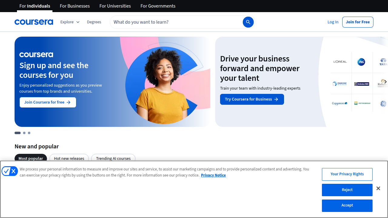Screenshot of Coursera's platform, a resource for learning about complex topics like AI and Machine Learning.