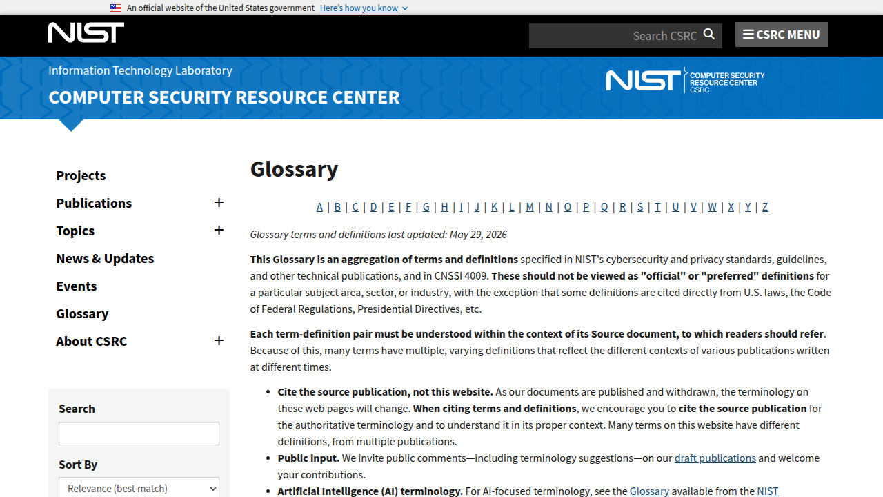 Screenshot of the NIST Computer Security Resource Center Glossary, a reliable source for cybersecurity and privacy terms.