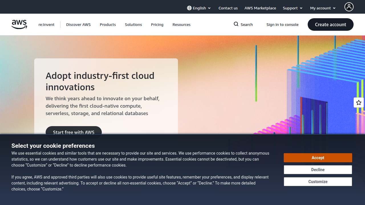 Screenshot of the Amazon Web Services (AWS) homepage, representing a leading cloud computing platform essential for AI development.