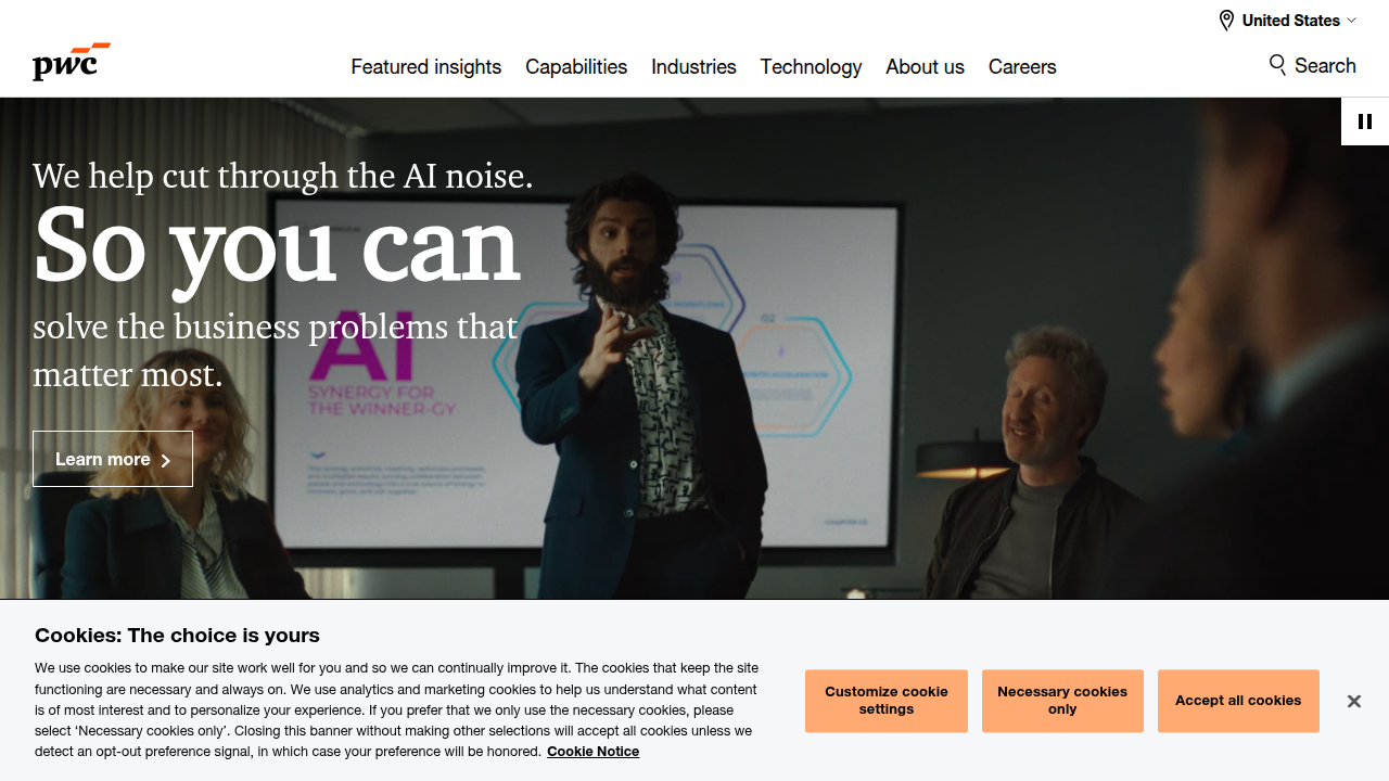 PwC's homepage, reflecting their engagement with AI business predictions and strategic guidance.
