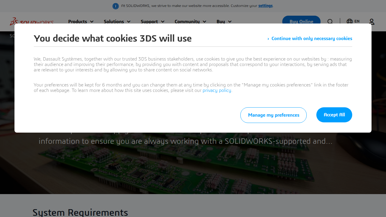 A screenshot of the SOLIDWORKS website, detailing system requirements for running their advanced simulation software.