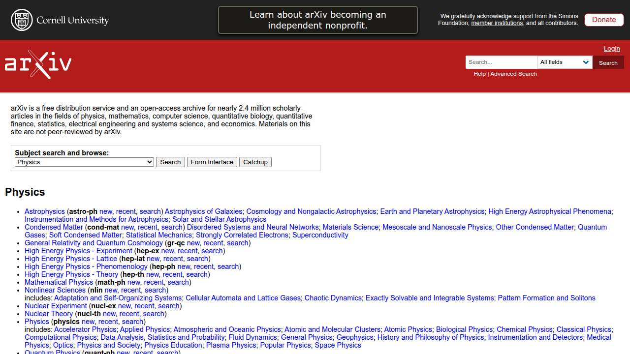The homepage of arXiv, an open-access archive for scholarly articles, often where new research and terms are first introduced.
