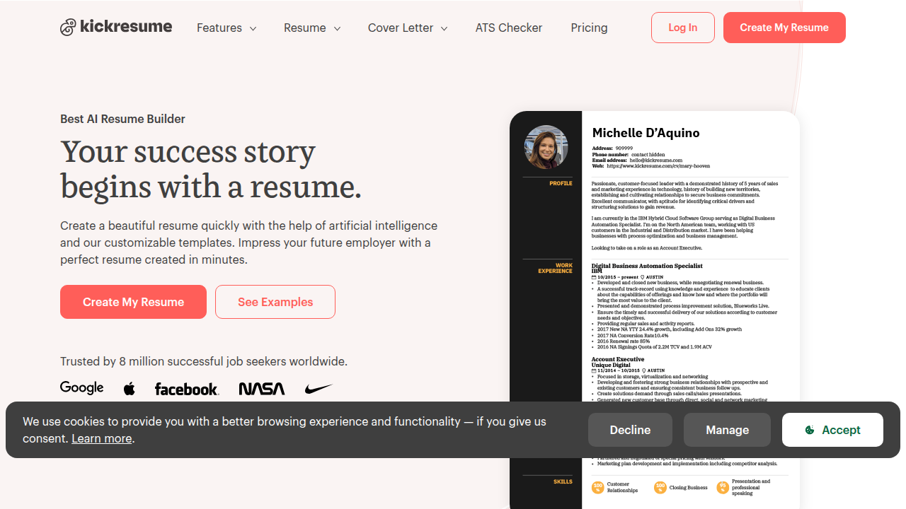 A screenshot of Kickresume's homepage, a popular platform offering AI tools for job applications, including cover letter generators.
