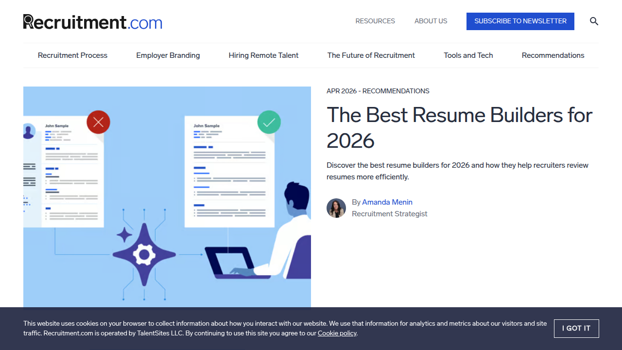 A screenshot of the Recruitment.com homepage, a resource for recruiting trends and analyses, reflecting industry insights on AI in hiring.