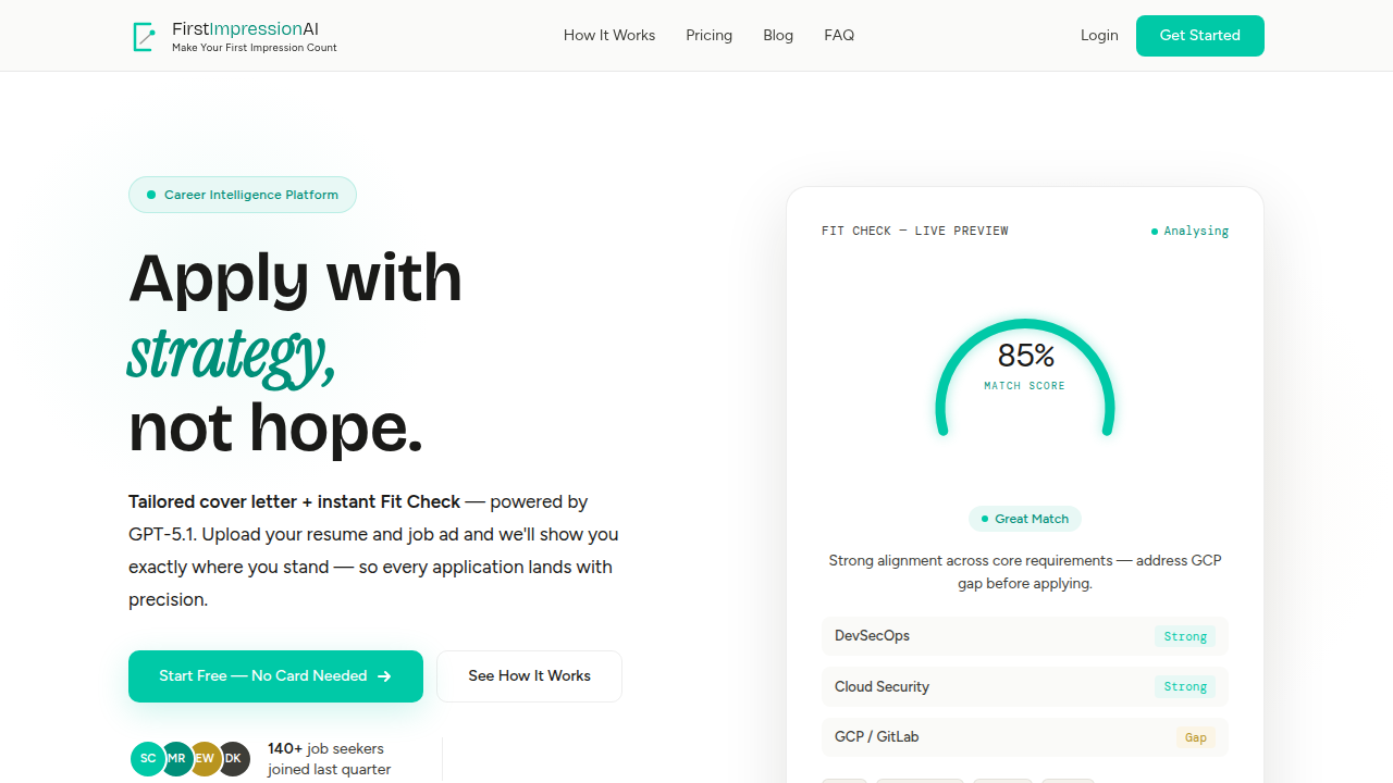 A screenshot of the First Impression AI app homepage, highlighting its capabilities in generating resume-aware, personalized cover letters.