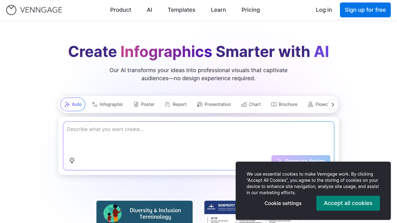 A screenshot of Venngage's homepage, a platform often used for visual content, including comparisons and infographics relevant to tools like AI cover letter generators.