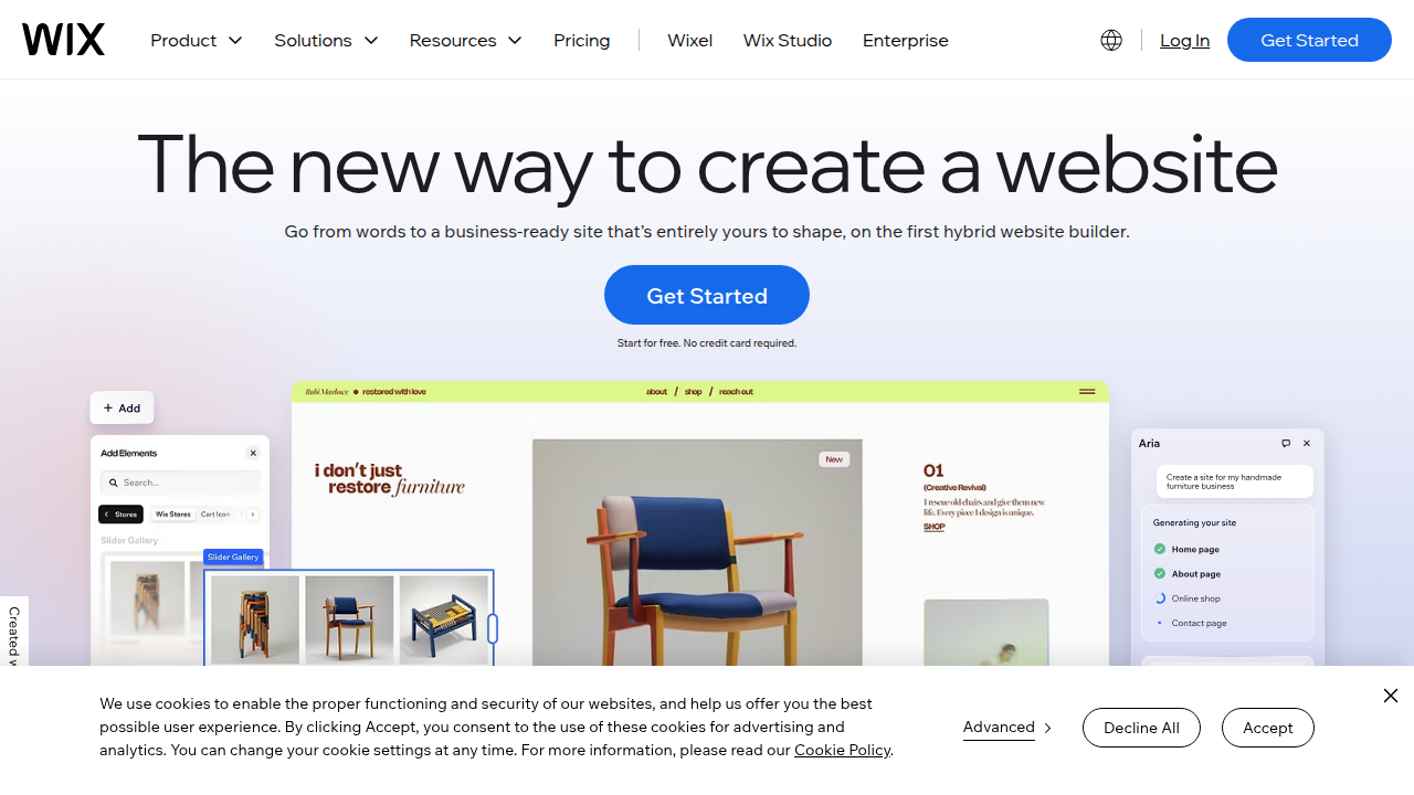 A snapshot of Wix's homepage, a popular platform for e-commerce and dropshipping businesses.