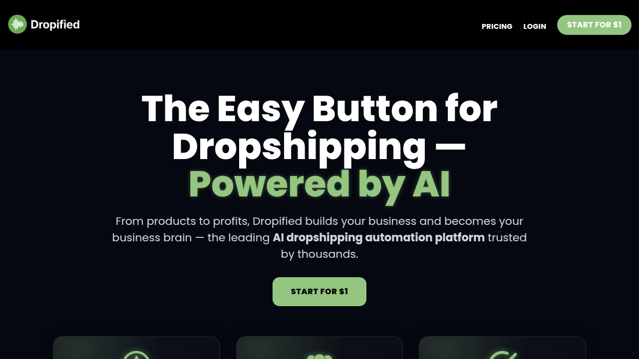 The homepage of Dropified, a tool specializing in dropshipping automation and e-commerce solutions.