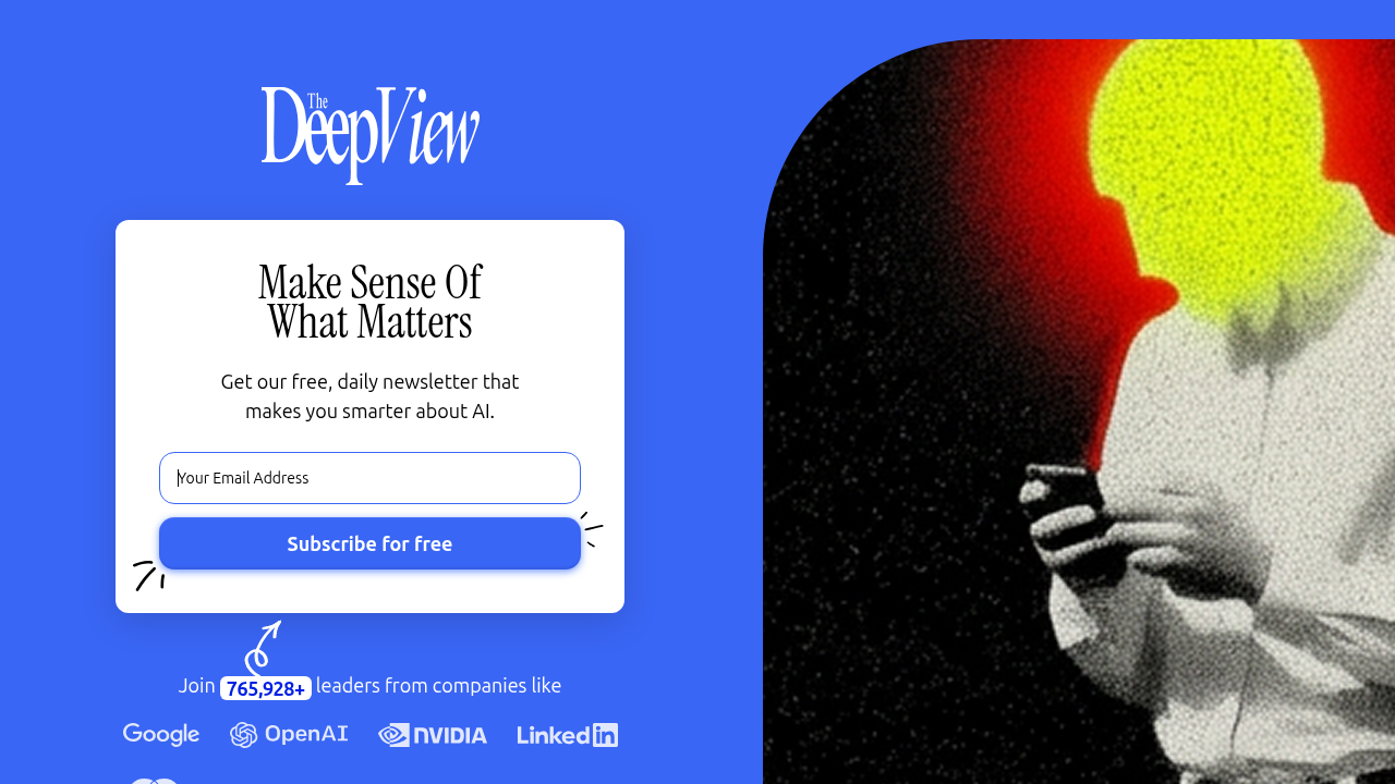 Screenshot of The Deep View Newsletter's subscription page, offering daily AI updates.
