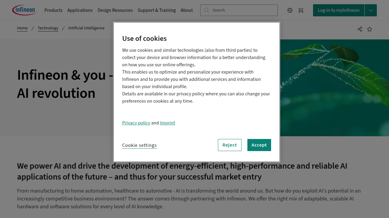 Screenshot of Infineon's official Artificial Intelligence page, showcasing their comprehensive AI solutions.