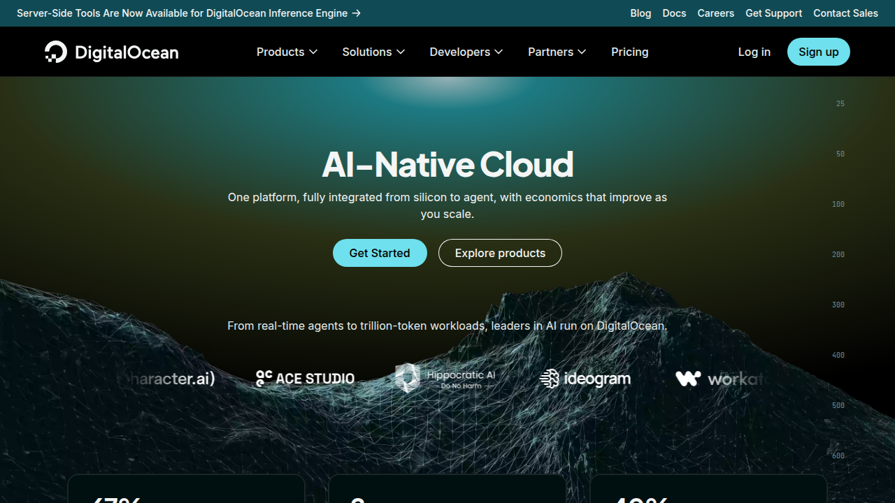 Screenshot of the DigitalOcean homepage, a cloud infrastructure provider offering extensive developer resources.