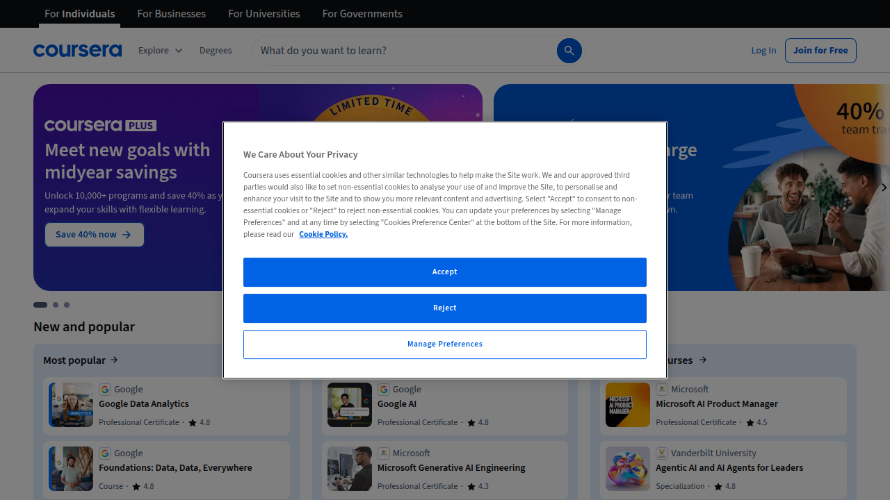 Screenshot of the Coursera homepage, an online learning platform offering courses on AI, cloud computing, and more.