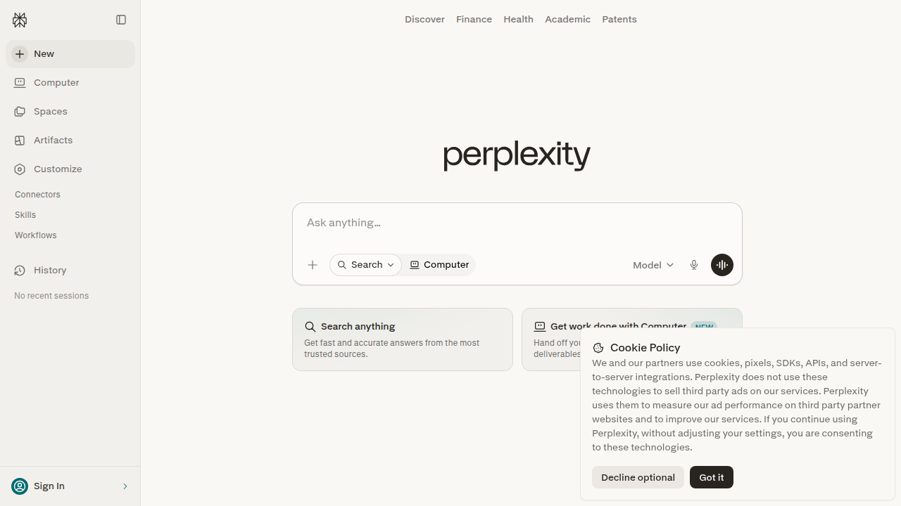 The homepage of Perplexity AI, the 'answer engine' providing direct, sourced answers.