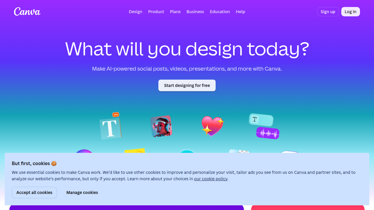 A view of the Canva homepage, an all-round design tool offering AI-powered infographic creation and extensive templates.