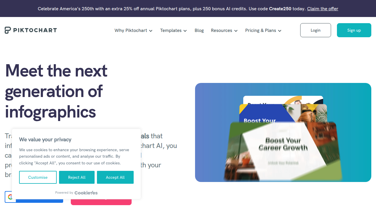 The Piktochart homepage, showcasing its capabilities for quickly converting data and text into polished visuals with AI.