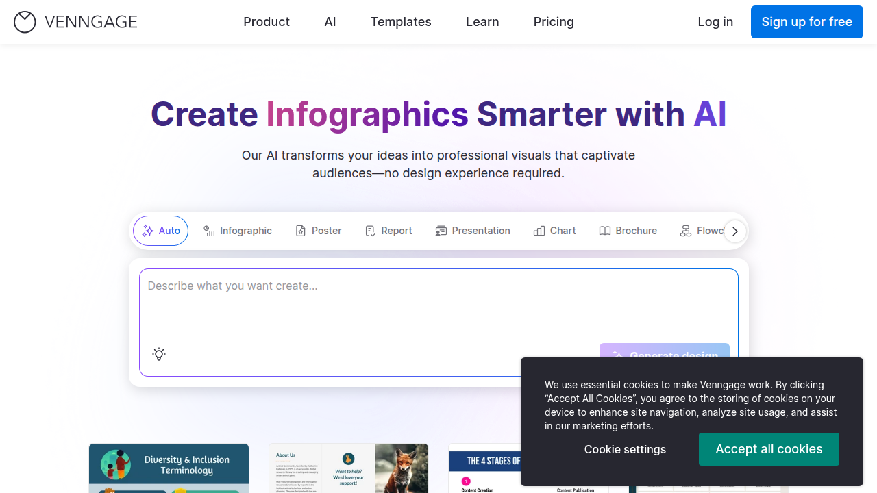 The Venngage homepage, a platform for creating professional business reports and infographics with AI assistance.
