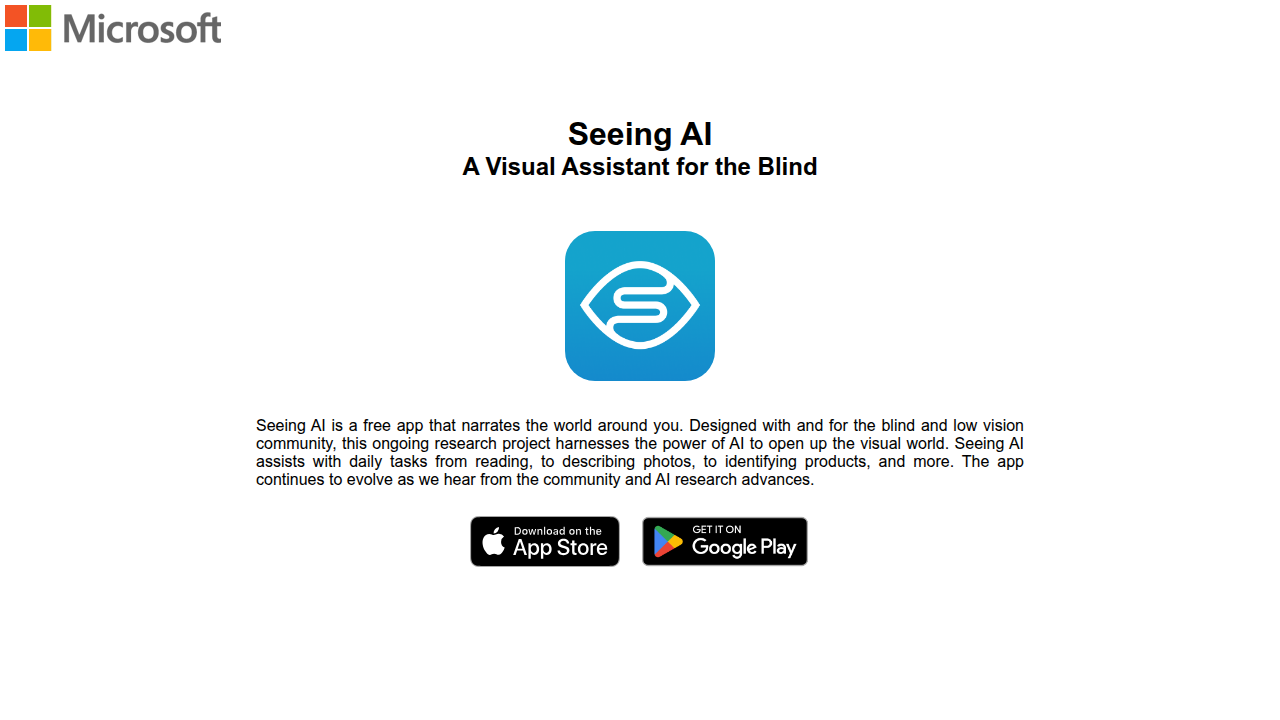 Screenshot of Microsoft's official Seeing AI app page, detailing its features for people with visual impairments.
