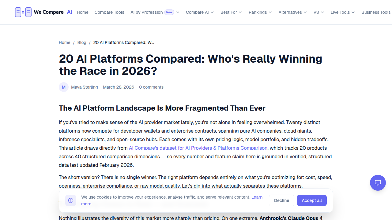 A screenshot of WeCompareAI, a website dedicated to comparing various AI platforms and tools.