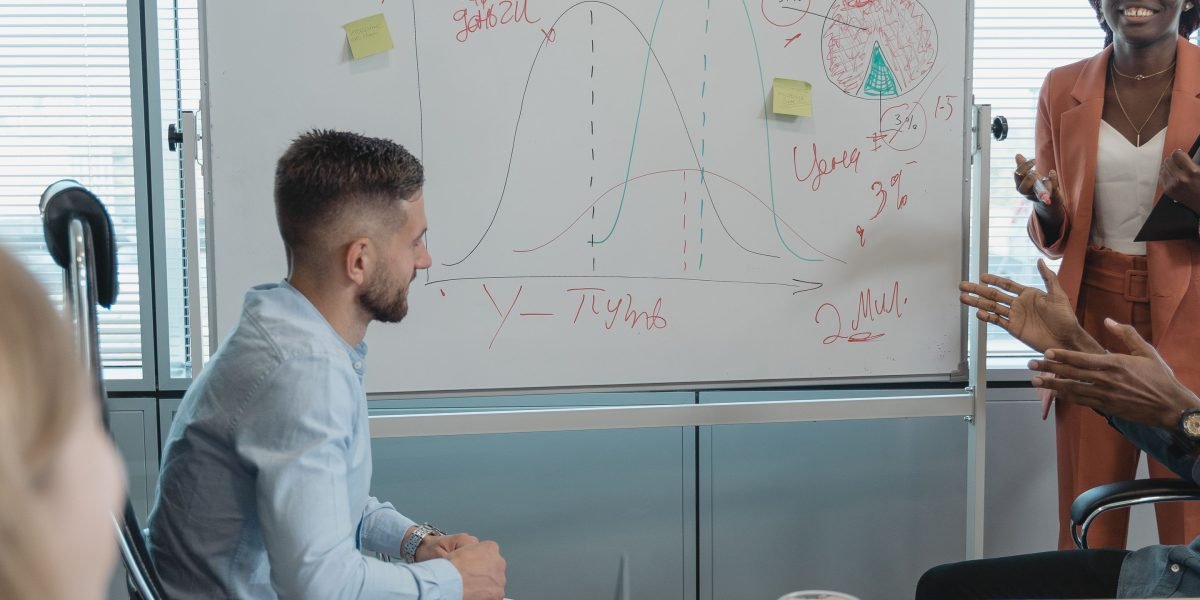 A business team actively collaborating and planning strategies on a whiteboard, reflecting the integration of insights into action.