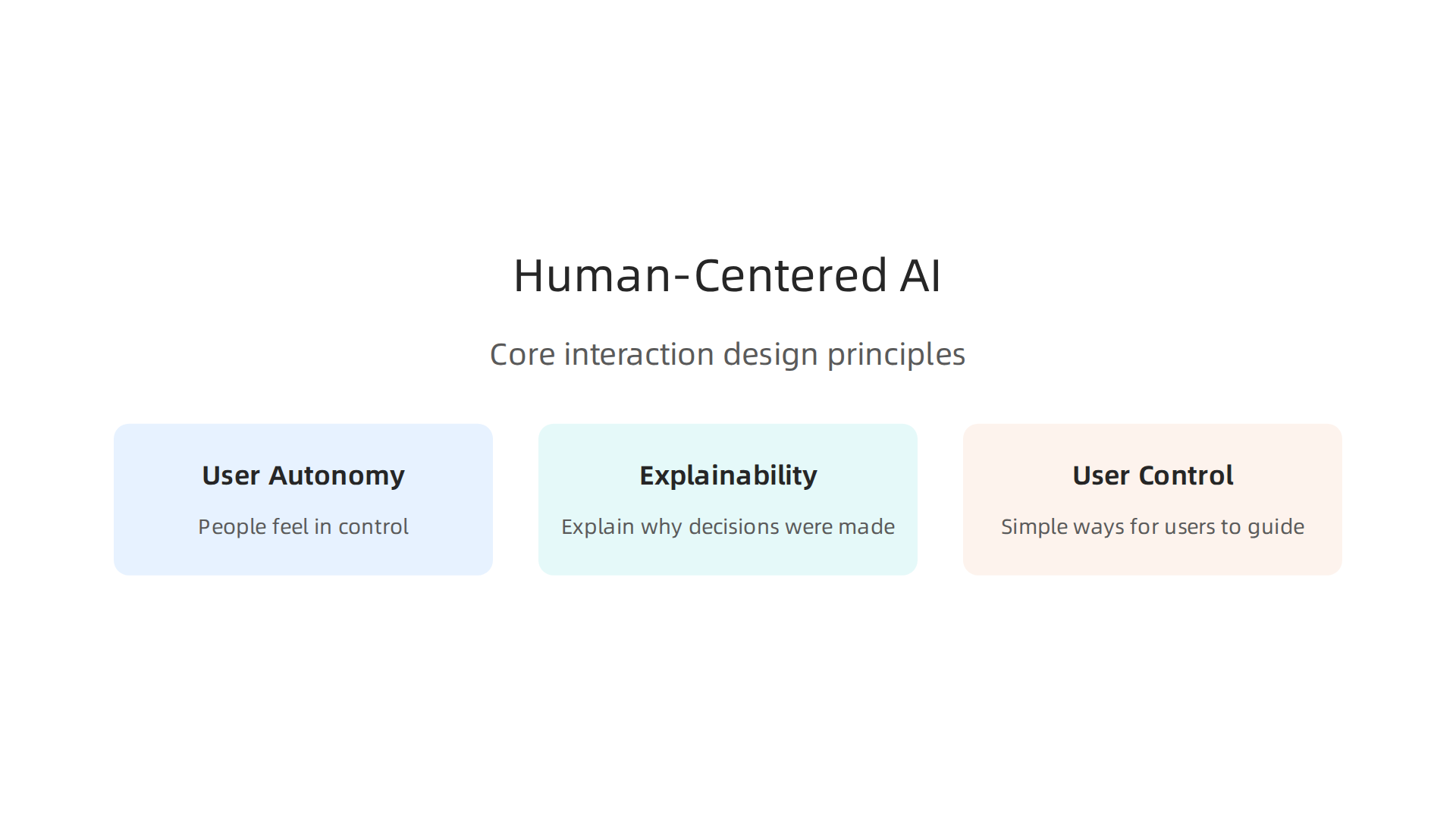 Essential principles for designing human-centered AI that prioritizes user autonomy, explainability, and control.