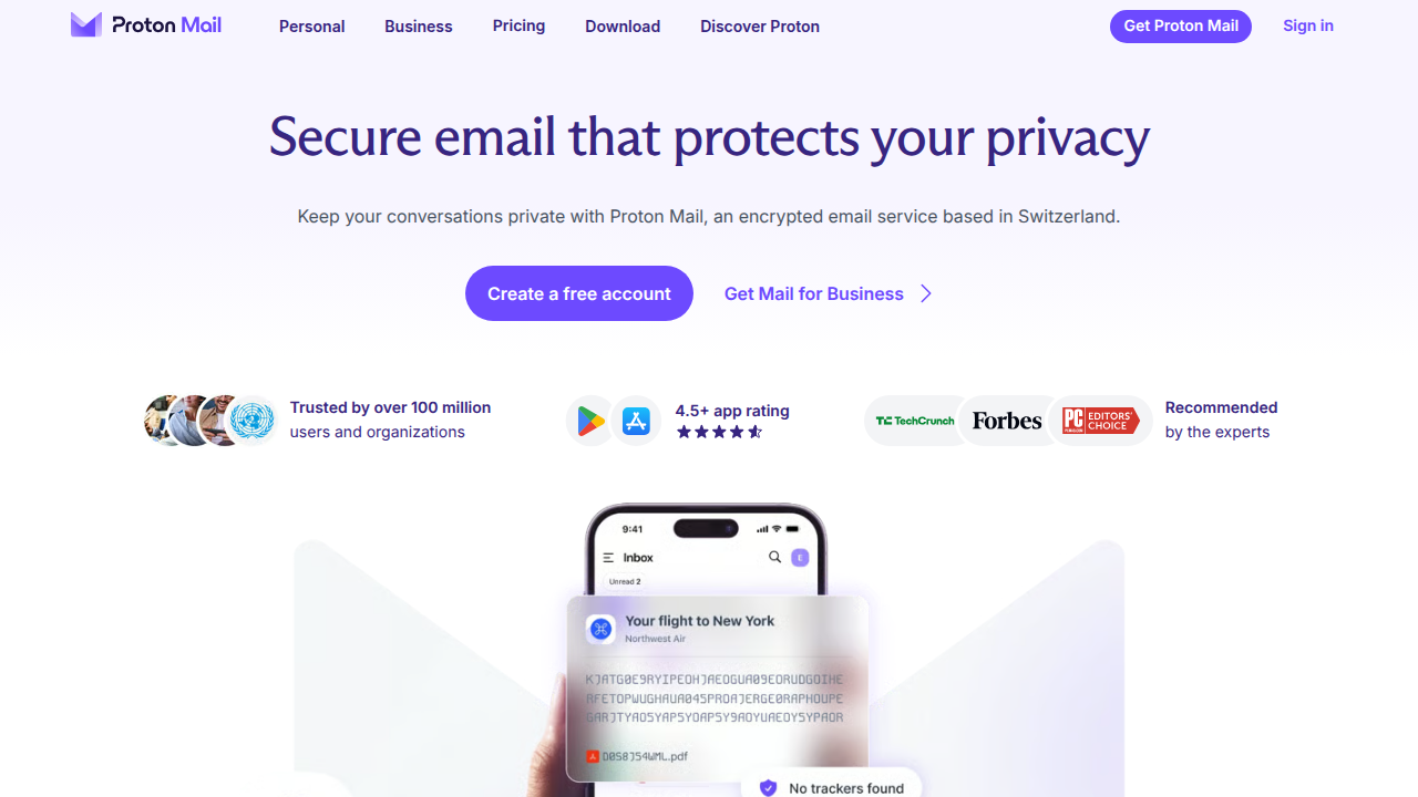 A screenshot of the Proton Mail homepage, highlighting its secure email features for users seeking privacy.