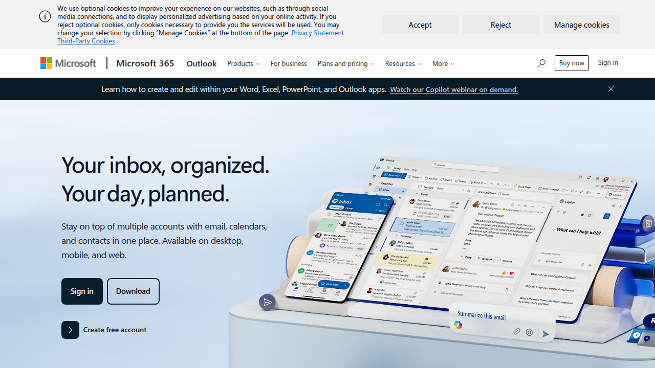 A screenshot of the Microsoft Outlook homepage, showcasing its email management capabilities.
