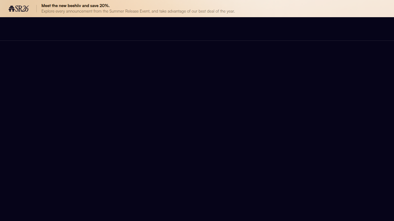 A screenshot of the Beehiiv homepage, a popular newsletter platform.