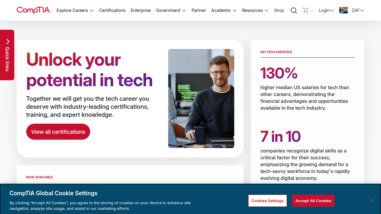 The CompTIA homepage, a key resource for insights into the tech workforce and industry trends.