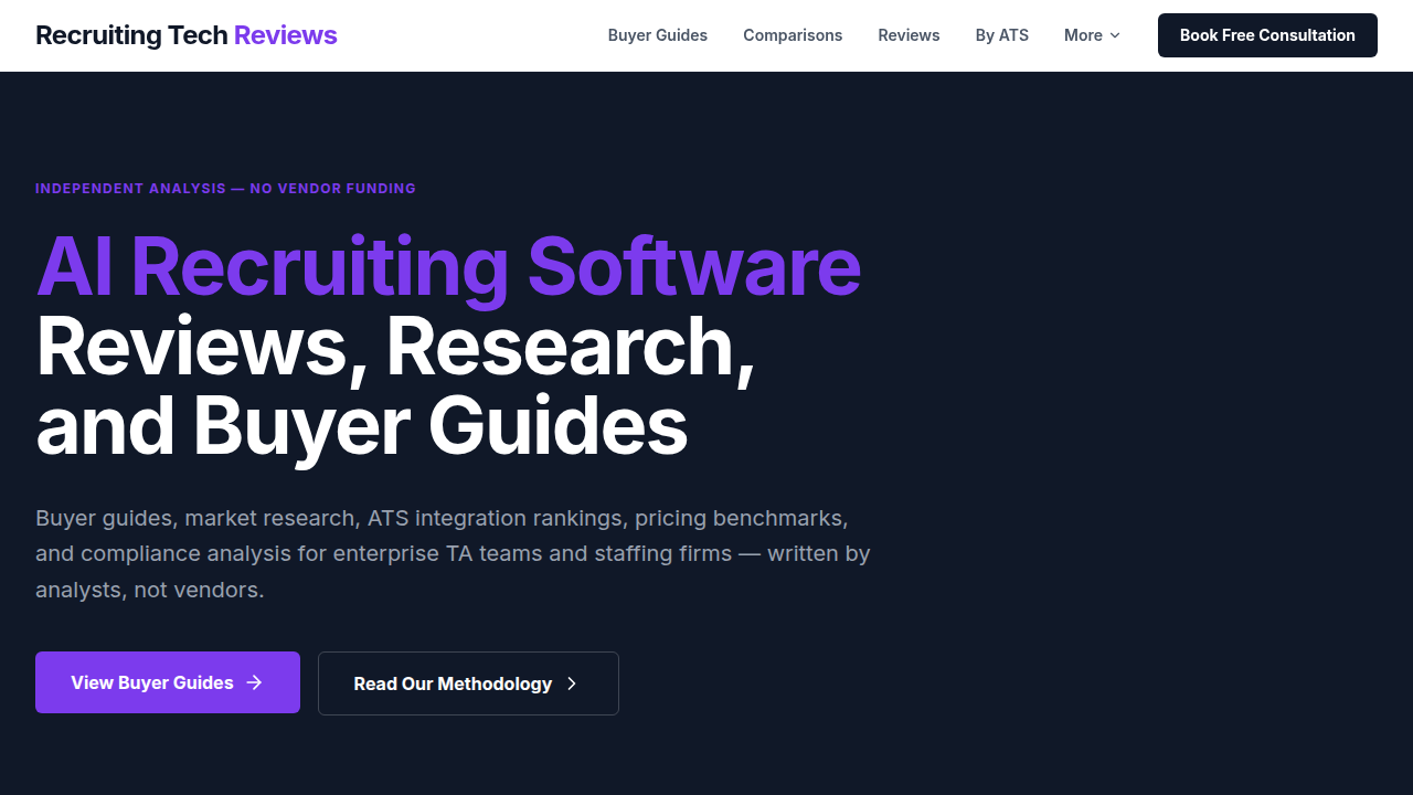 Homepage of RecruitingTechReviews, a resource for articles and market maps on AI recruiting technologies.
