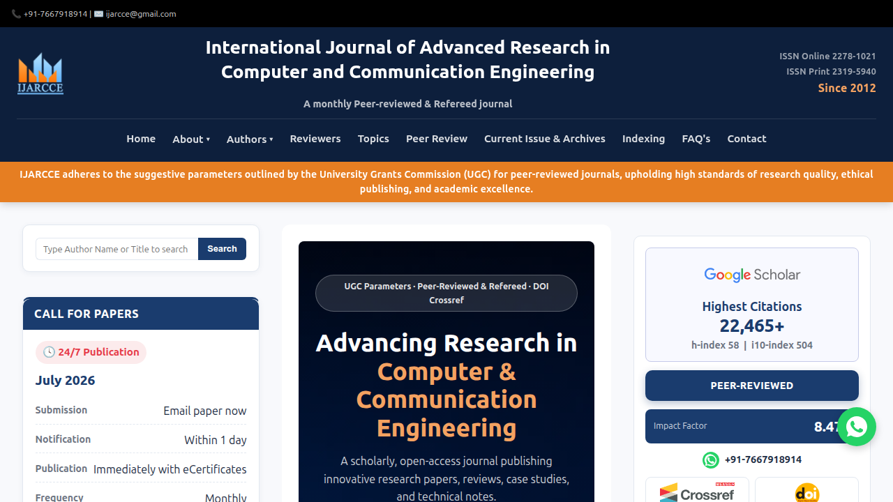 Homepage of IJARCCE, a journal publishing research on advanced computing, including AI-based interview assistants.